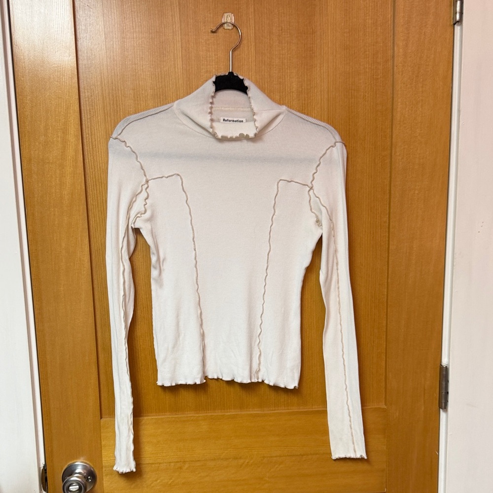 Reformation Ivory Scalloped Long Sleeve Top
